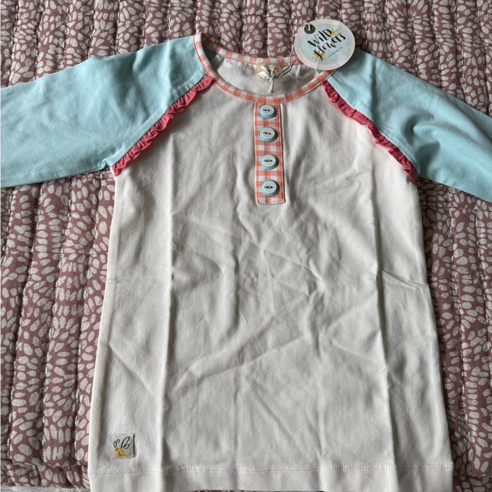 Wildflowers Cream Raglan Top with Light Blue Sleeves and Pink Trim
